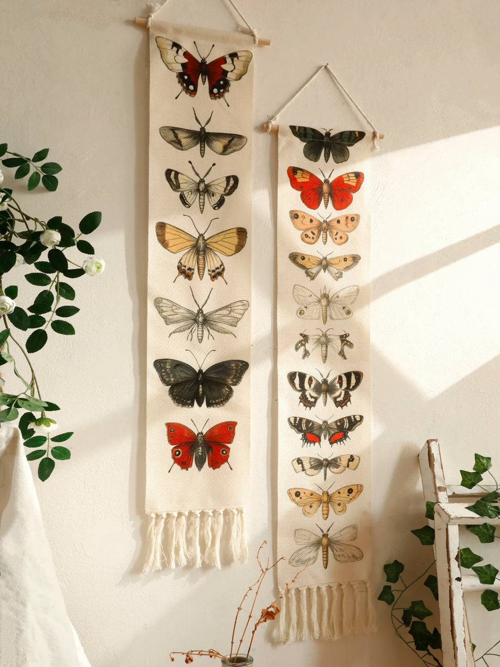 🦋🌿🤍 Boho Butterfly & Moth Wall Tapestry – Vintage Cotton Hanging Banner