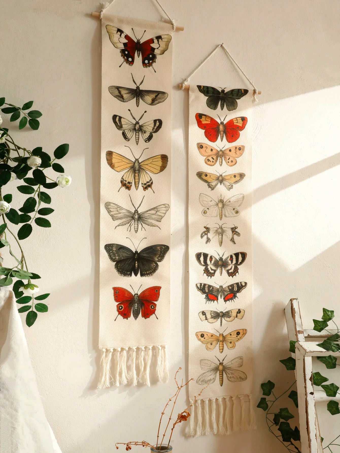 🦋🌿🤍 Boho Butterfly & Moth Wall Tapestry – Vintage Cotton Hanging Banner