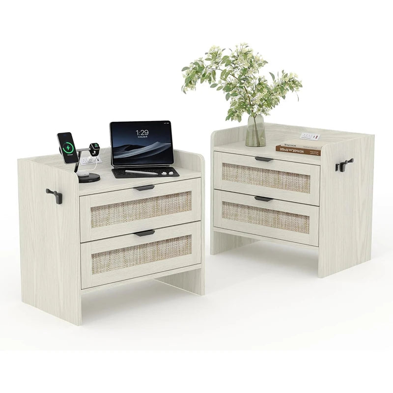 🌿🤍 Boho Rattan Nightstand Set with Charging Station – 2-Drawer Bedside Tables (Set of 2)