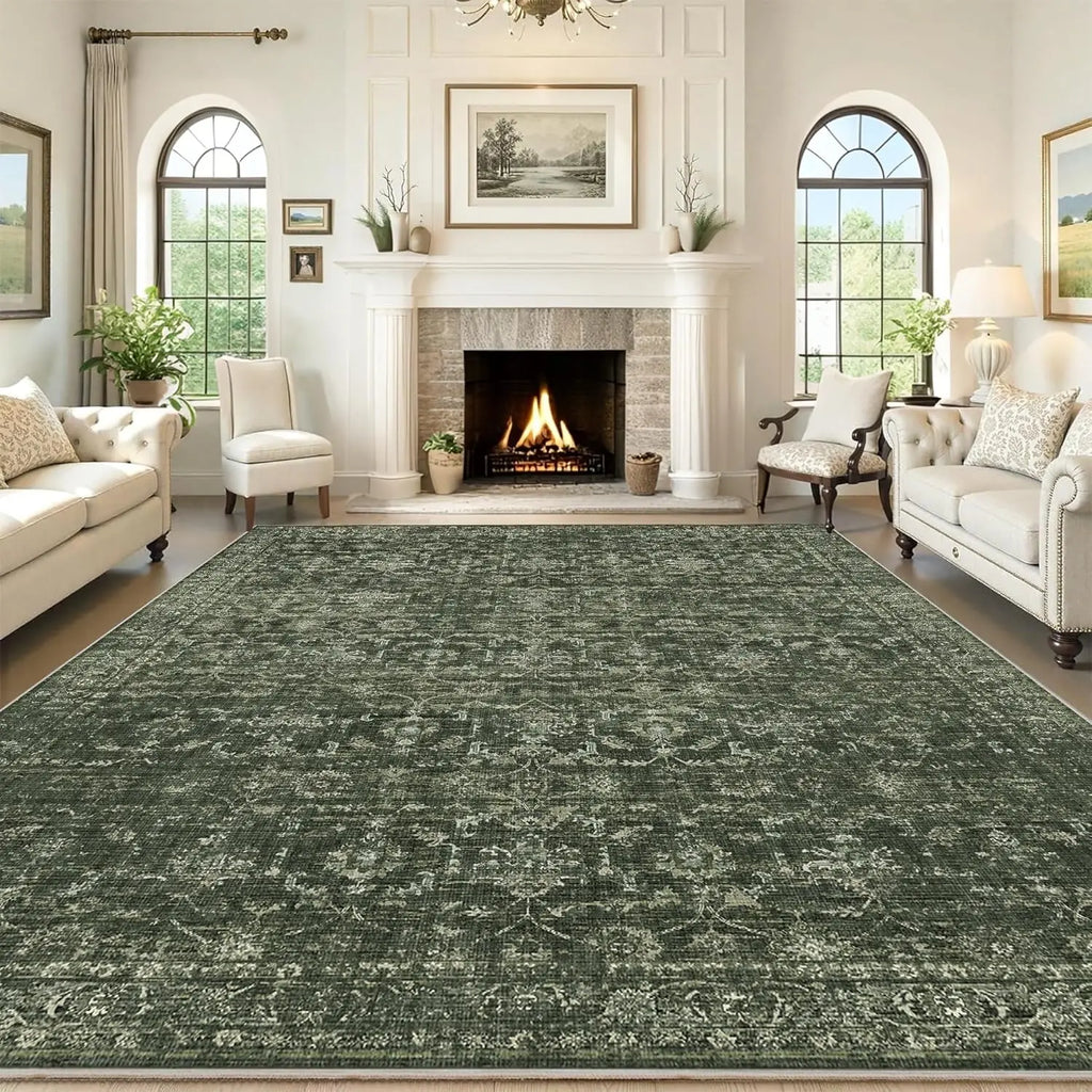 💚🌿 Vintage Floral Area Rug – Washable Green Boho Accent Carpet