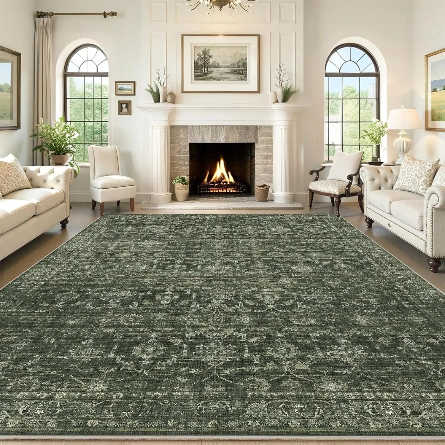 💚🌿 Vintage Floral Area Rug – Washable Green Boho Accent Carpet