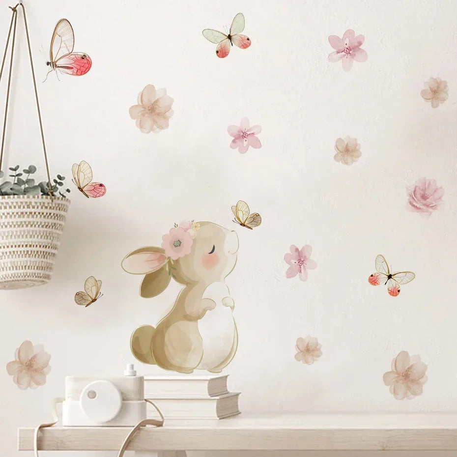 🐰🦋🌸🤍 Boho Bunny Garden Wall Decals – Peel & Stick Nursery Wall Art