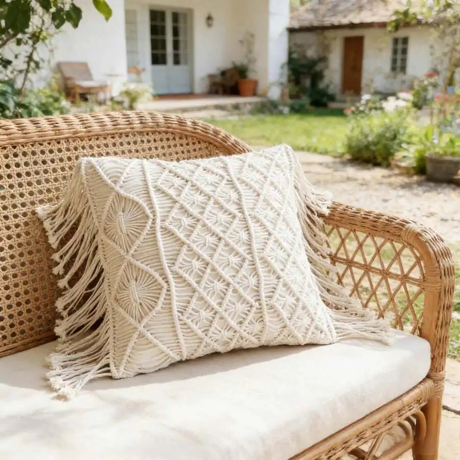 🌿🤍 Handwoven Macramé Tassel Pillow Cover – Boho Decorative Cushion
