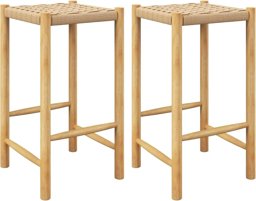 🌿🤍 Boho Rattan Counter Stools – Armless Saddle Bar Chairs (Set of 2)