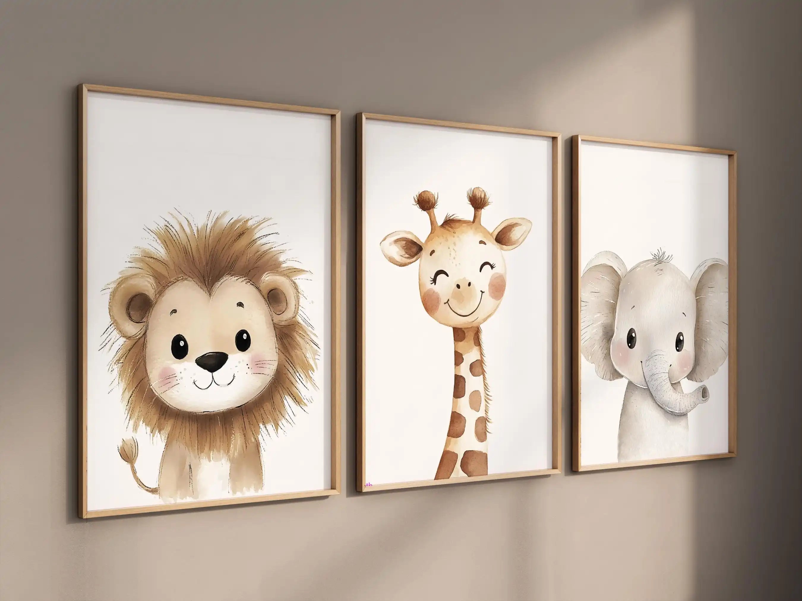🦁🦒🐘🤍 Boho Safari Animal Nursery Wall Art – Watercolor Canvas Print Set (Set of 3)