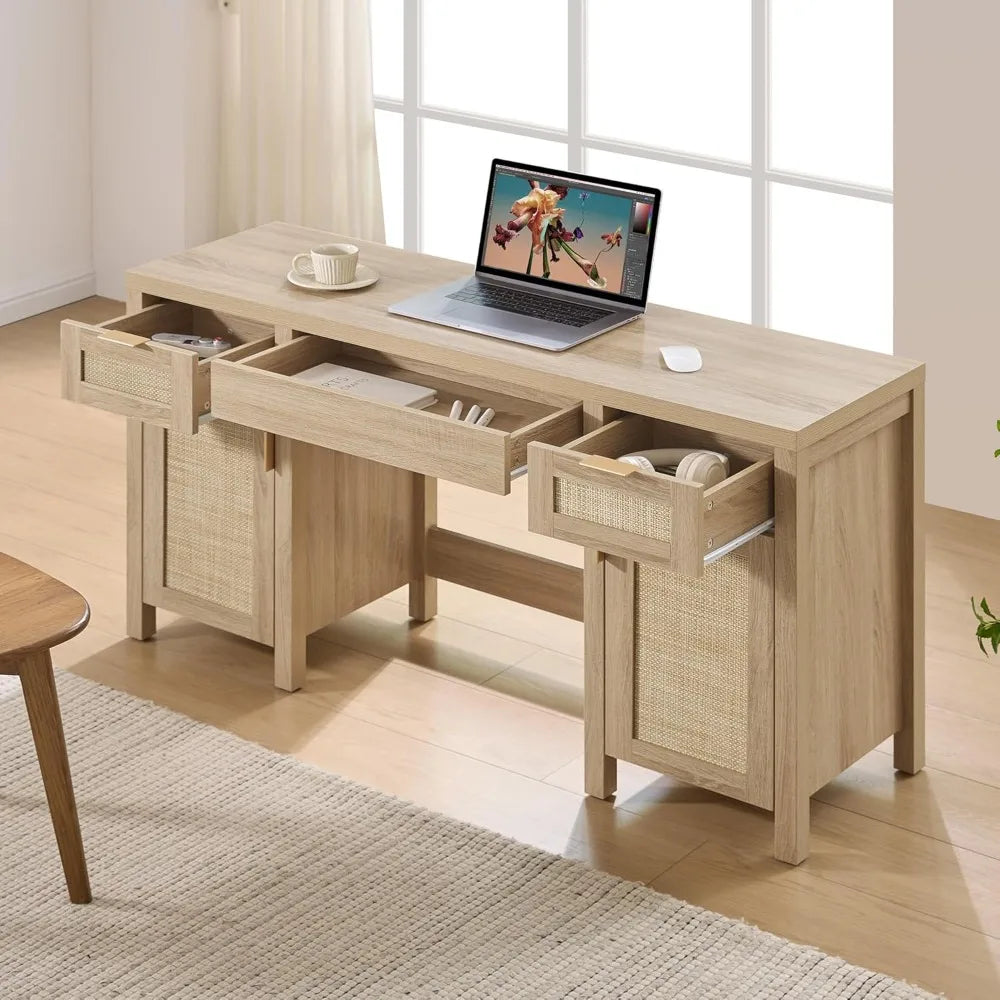 🤍✨ Boho Rattan Makeup Vanity Desk – Farmhouse Dressing Table with Storage