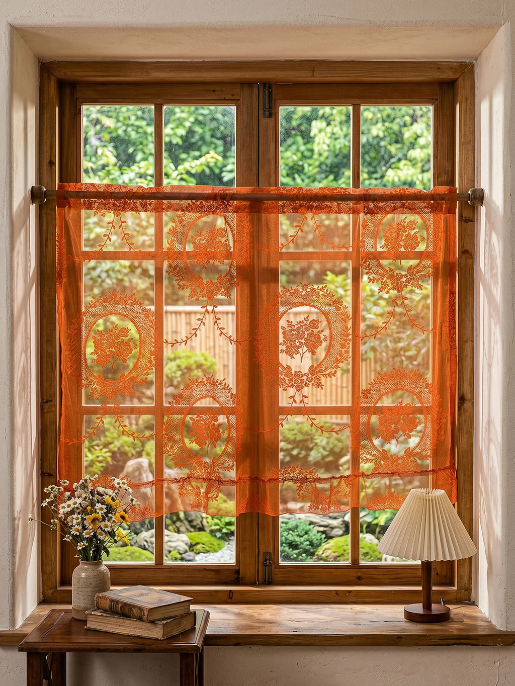 🌿🧡 Boho Floral Lace Valance Curtain – Semi-Sheer Light Filtering Window Treatment