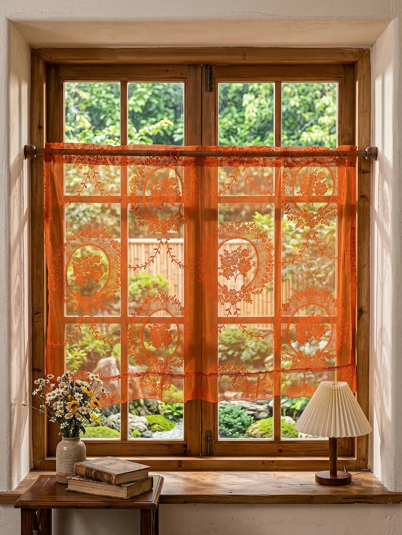 🌿🧡 Boho Floral Lace Valance Curtain – Semi-Sheer Light Filtering Window Treatment