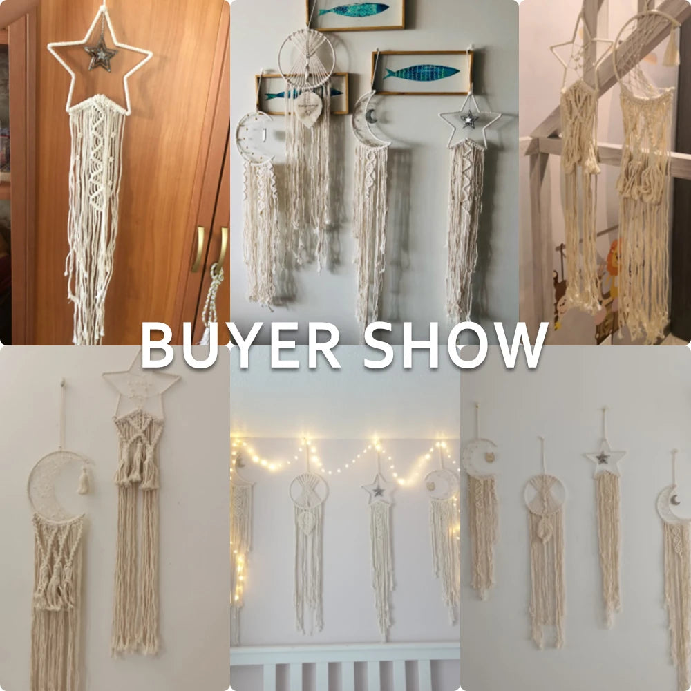 🌙🌿🤍 Boho Moon and Stars Macramé Dream Catcher – Handwoven Nursery Wall Hanging