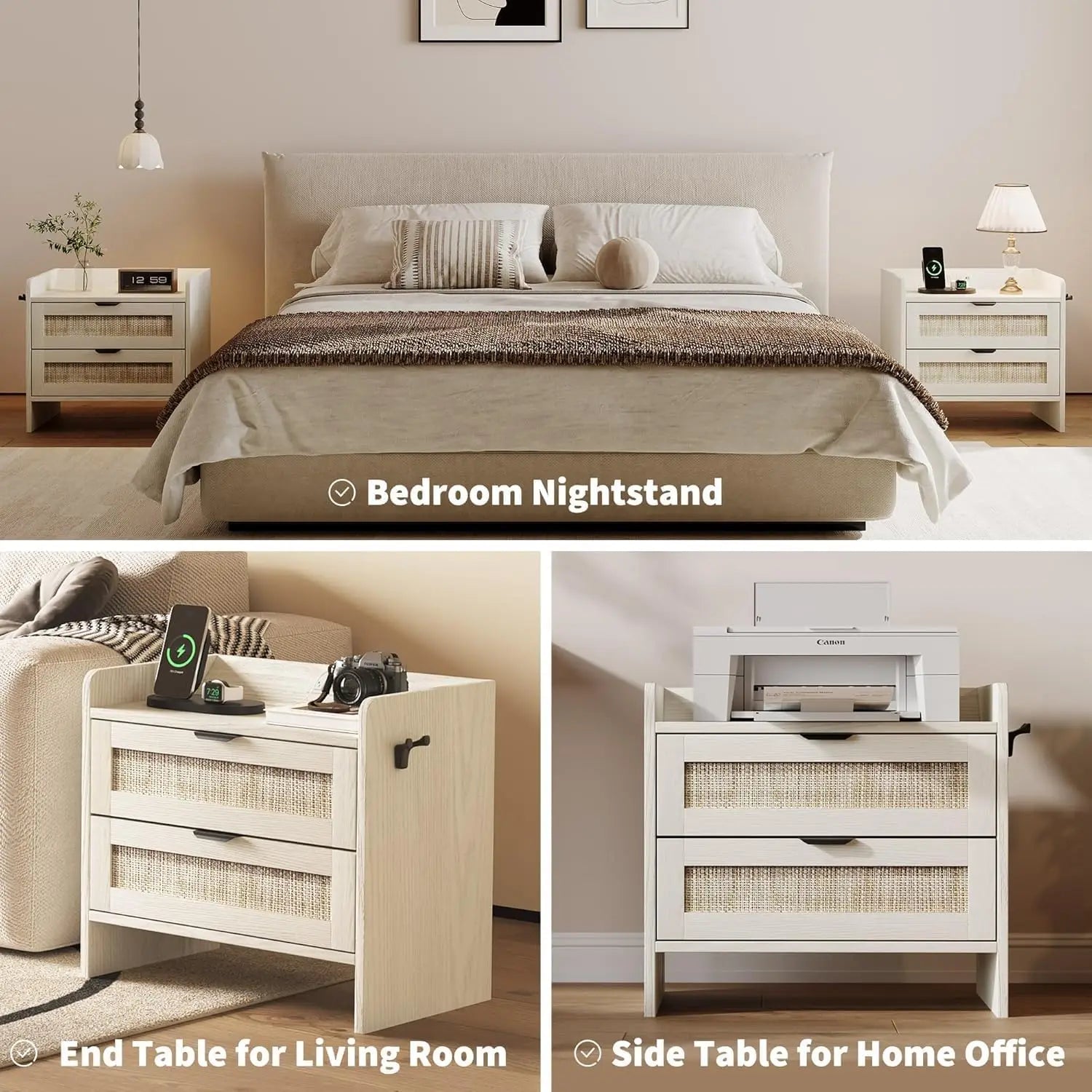 🌿🤍 Boho Rattan Nightstand Set with Charging Station – 2-Drawer Bedside Tables (Set of 2)
