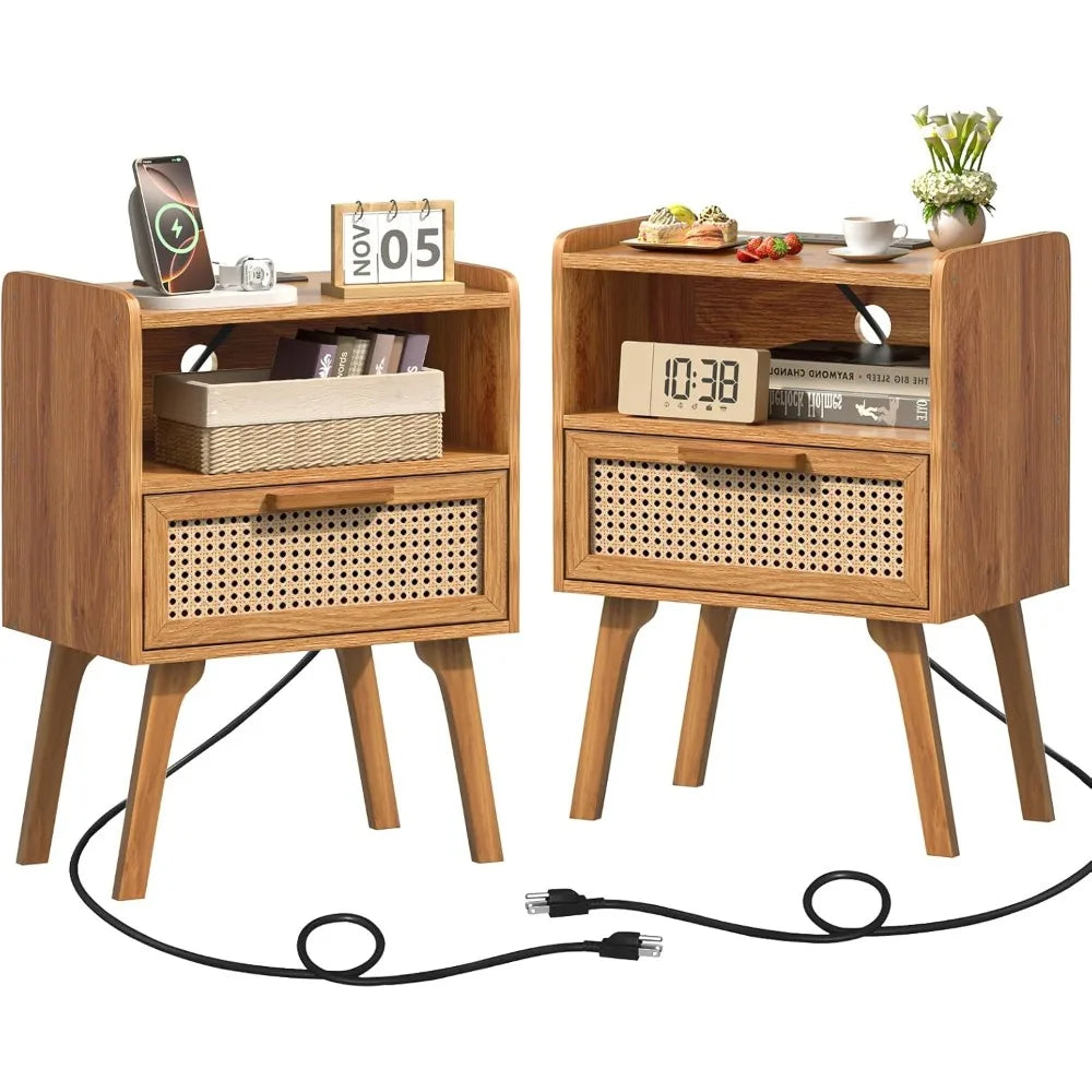 Natural Rattan Bedside Table Set with Charging Station