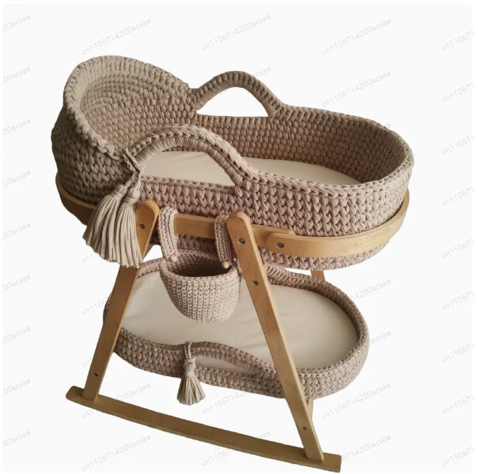 🤍🌿 Handwoven Crochet Moses Basket – Boho Baby Bassinet with Wooden Stand