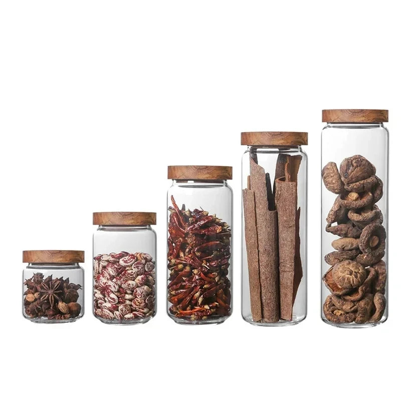 🌿 Airtight Glass Pantry Canister with Wooden Lid – Kitchen Storage Jar