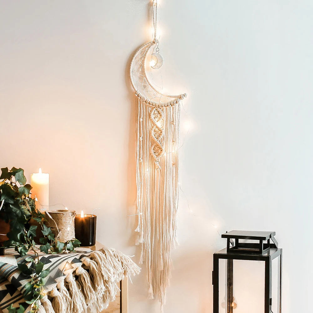 🌙🌿🤍 Boho Moon and Stars Macramé Dream Catcher – Handwoven Nursery Wall Hanging