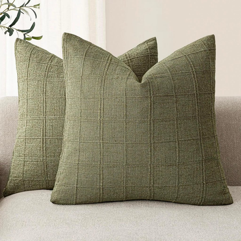 🌿🤍 Natural Linen Check Pillow Cover – Boho Farmhouse Decorative Cushion