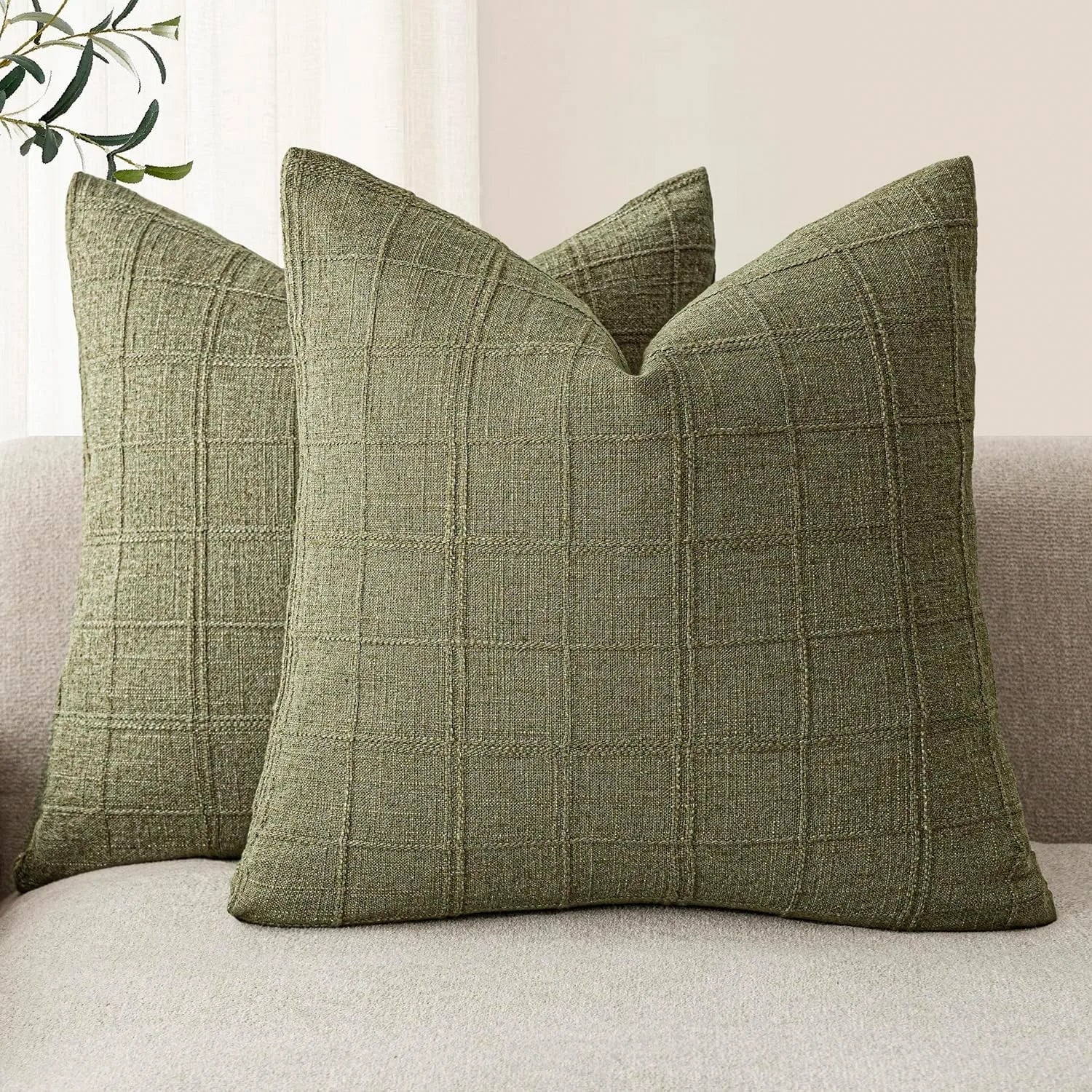 🌿🤍 Natural Linen Check Pillow Cover – Boho Farmhouse Decorative Cushion