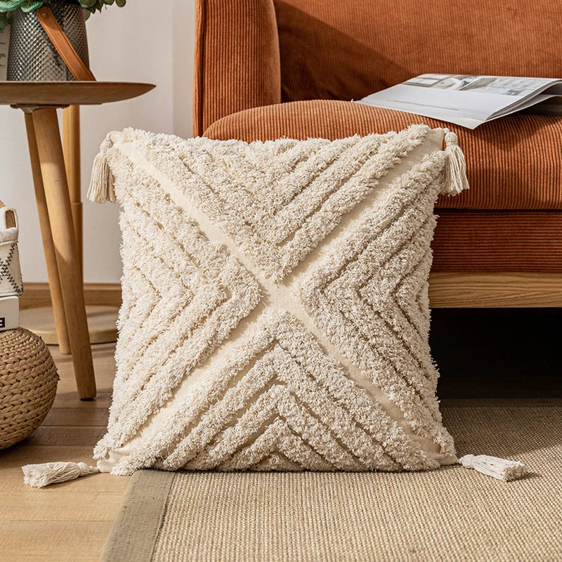🌿🤍 Boho Cotton Tassel Pillow Cover – Natural Decorative Throw Cushion