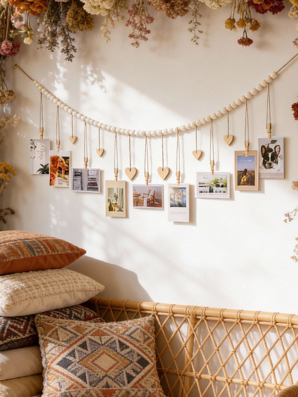 📸🤍🌿 Boho Wooden Bead Photo Garland – Heart Clip Wall Hanging Picture Display