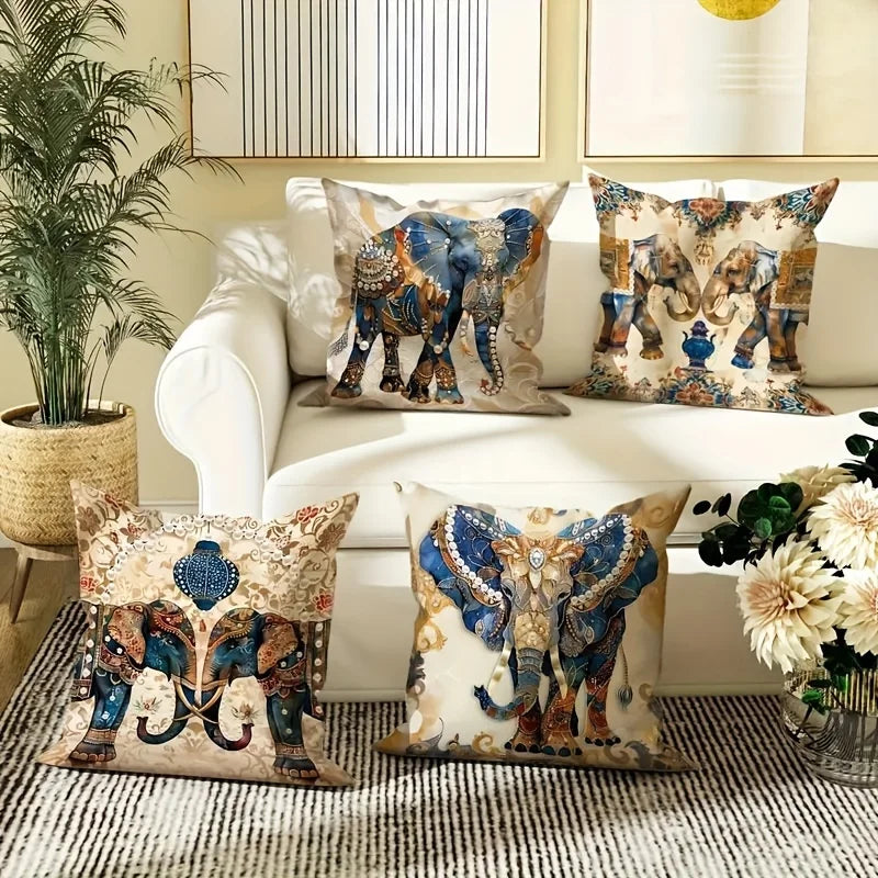 🐘🌿 Boho Elephant Pillow Cover Set – Floral Decorative Throw Cushions (Set of 4)