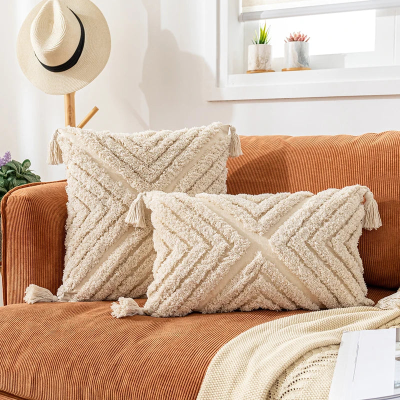 🌿🤍 Boho Cotton Tassel Pillow Cover – Natural Decorative Throw Cushion