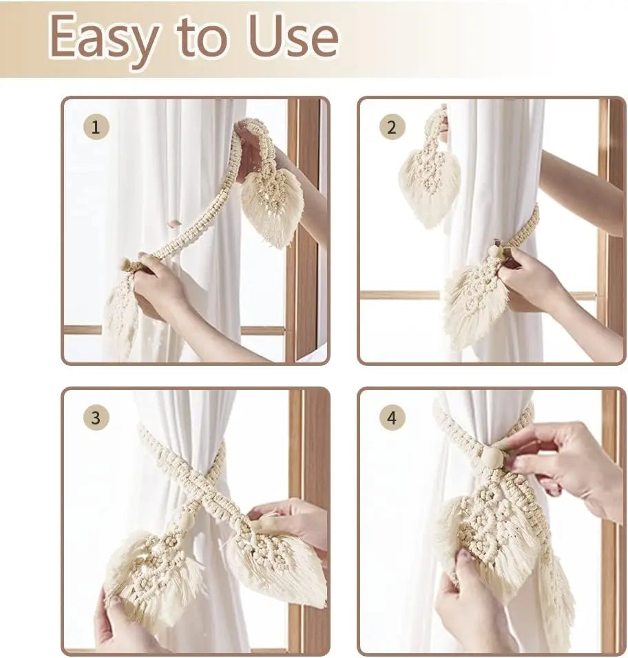 🌿🤍 Handwoven Cotton Curtain Tiebacks with Wooden Beads – Boho Farmhouse Holdbacks