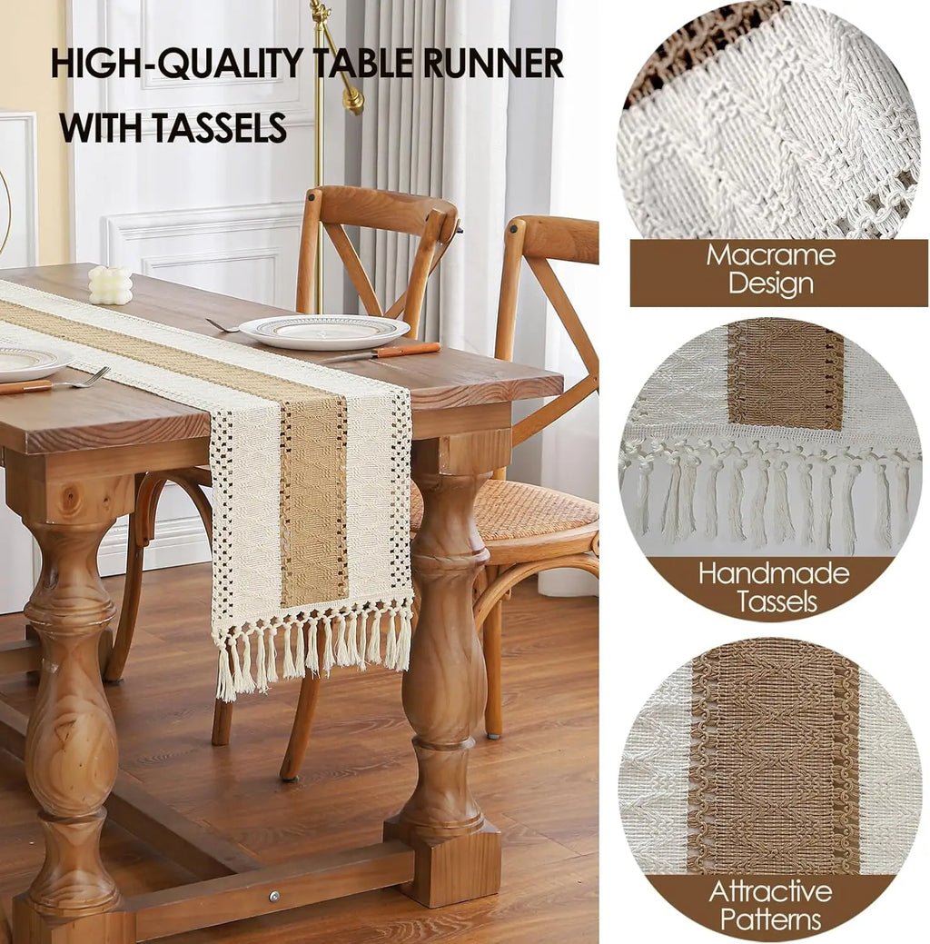 🌿🤍 Boho Linen Table Runner – Rustic Macramé Tassel Dining Table Linen