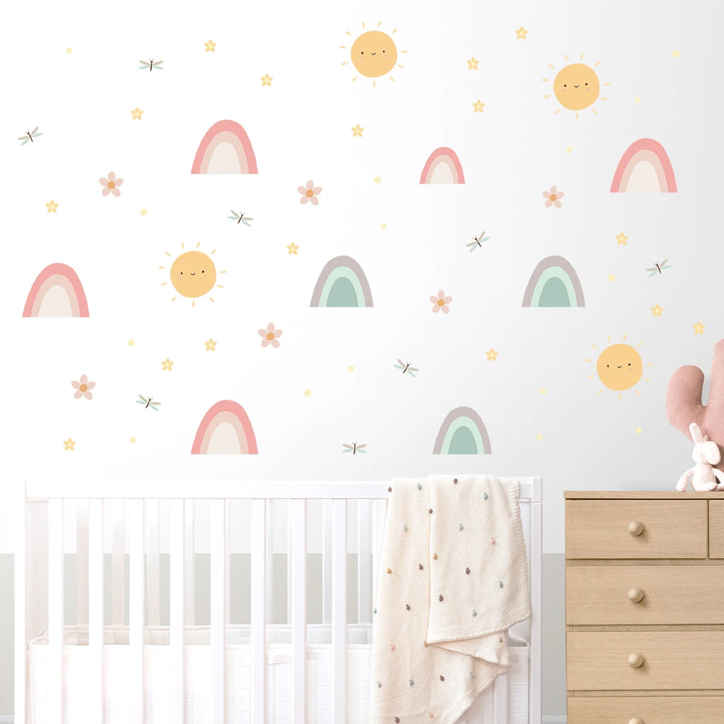 🌈☀️🤍 Boho Rainbow & Sun Wall Decals – Peel & Stick Nursery Wall Art (Set of 3)