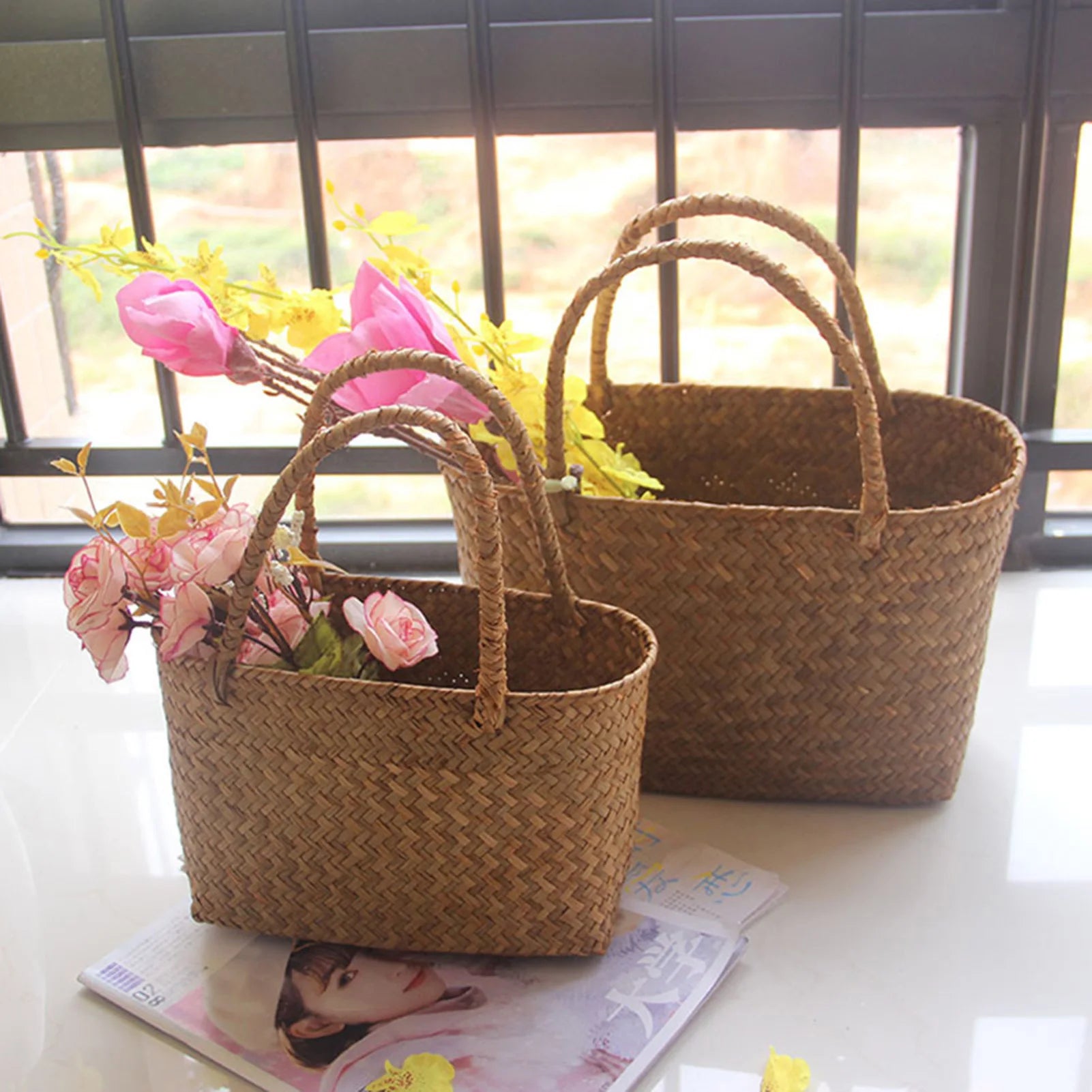 🌿🧺🤍 Boho Handwoven Seagrass Basket – Natural Flower Basket & Beach Tote