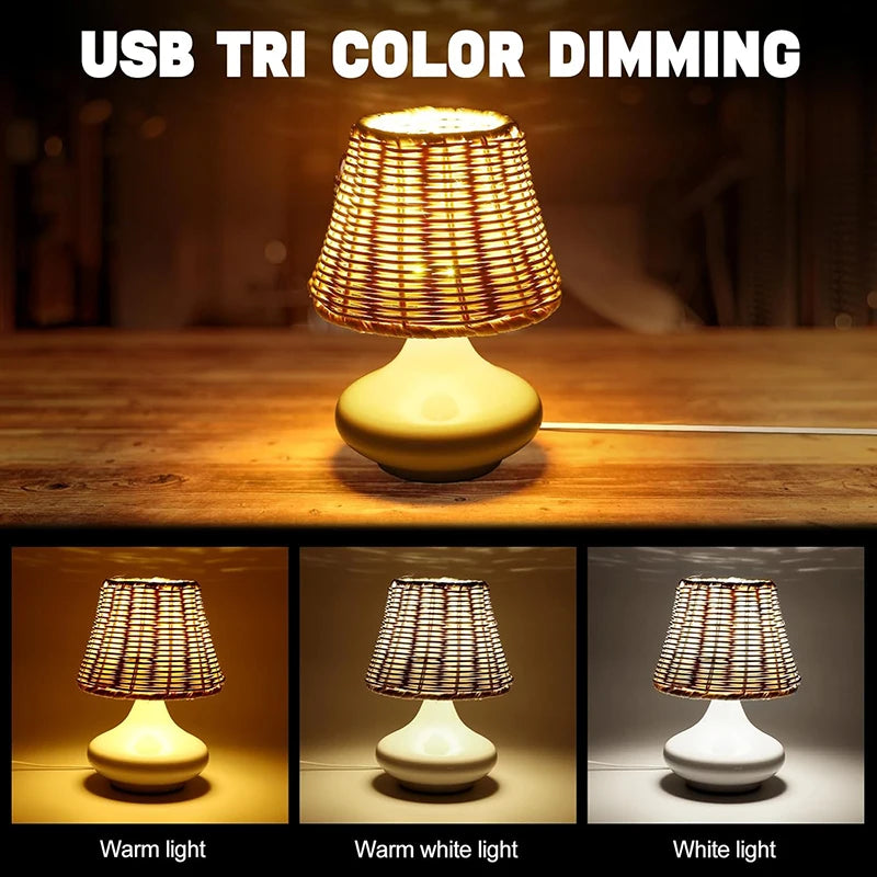 🌿✨ Boho Bamboo Table Lamp – Handwoven USB Dimmable Bedside Light