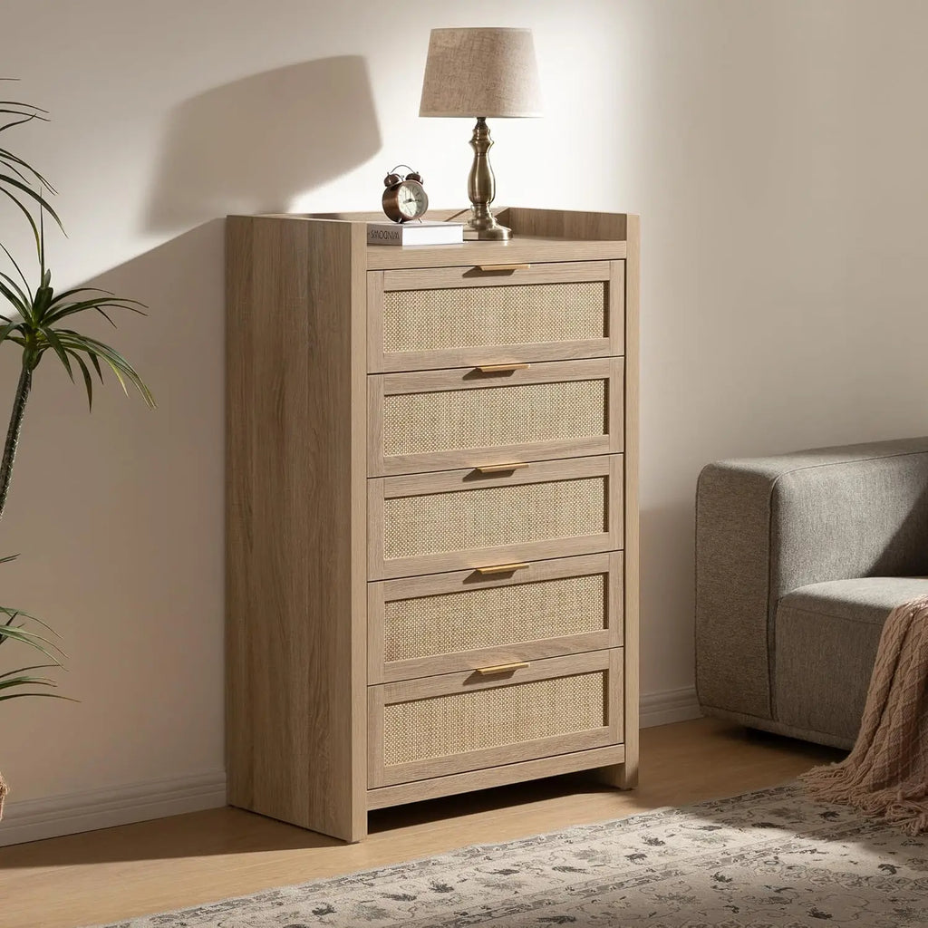 🌿🤍 Boho Rattan 5-Drawer Dresser – Farmhouse Bedroom Storage Chest