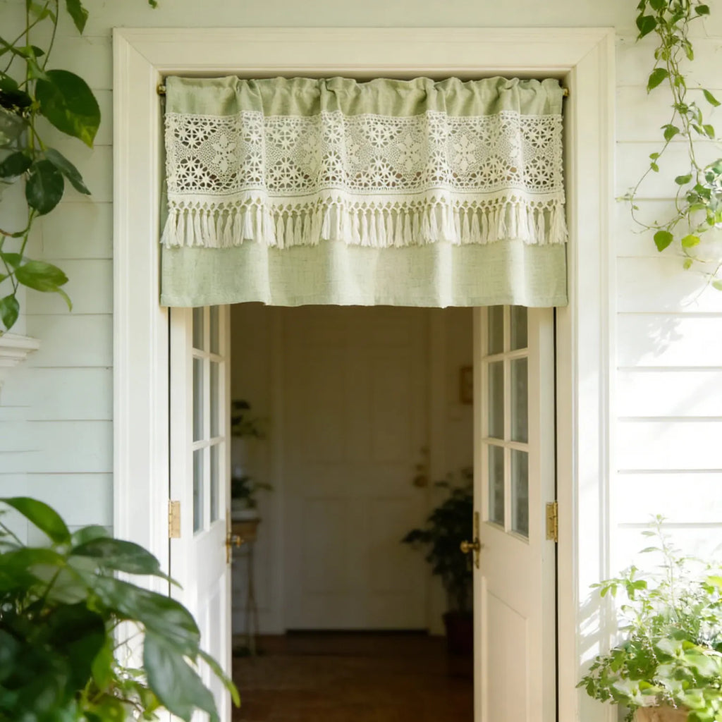 🌿🤍 Boho Tassel Café Curtain – Crochet Geometric Semi-Sheer Window Panel
