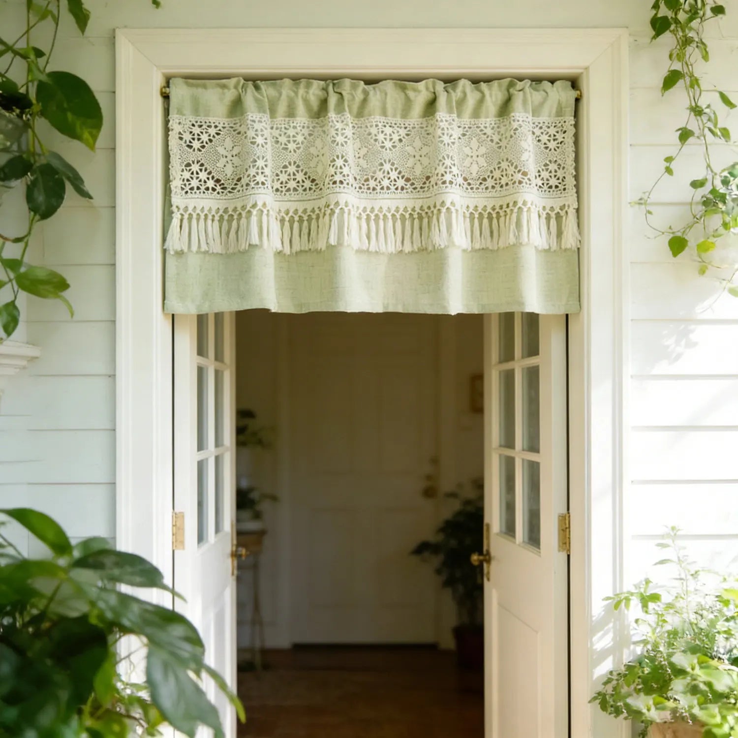 🌿🤍 Boho Tassel Café Curtain – Crochet Geometric Semi-Sheer Window Panel