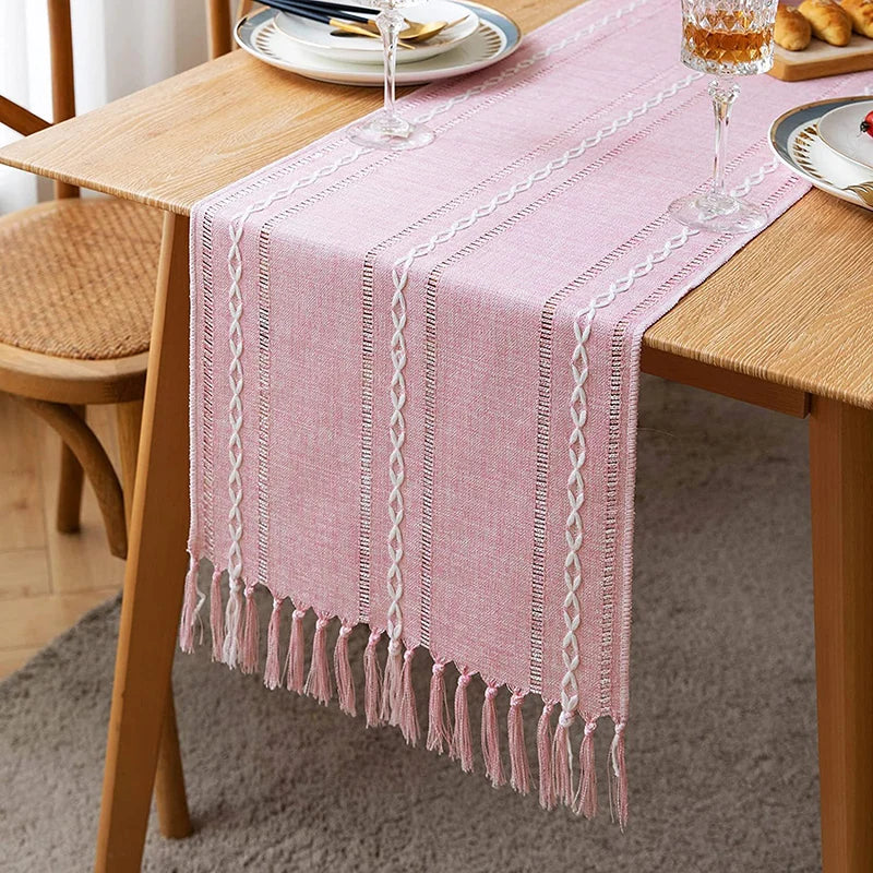🌿🤍 Boho Table Runner – Rustic Braided Cotton Linen with Tassels