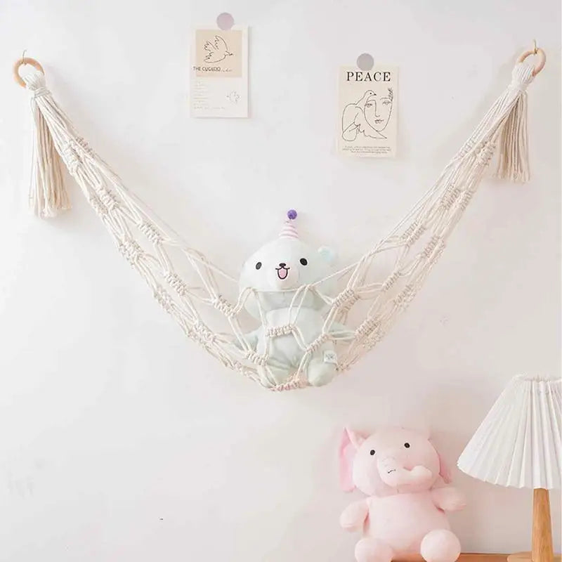 🌿🤍 Boho Macramé Toy Hammock – Hanging Stuffed Animal Storage Net