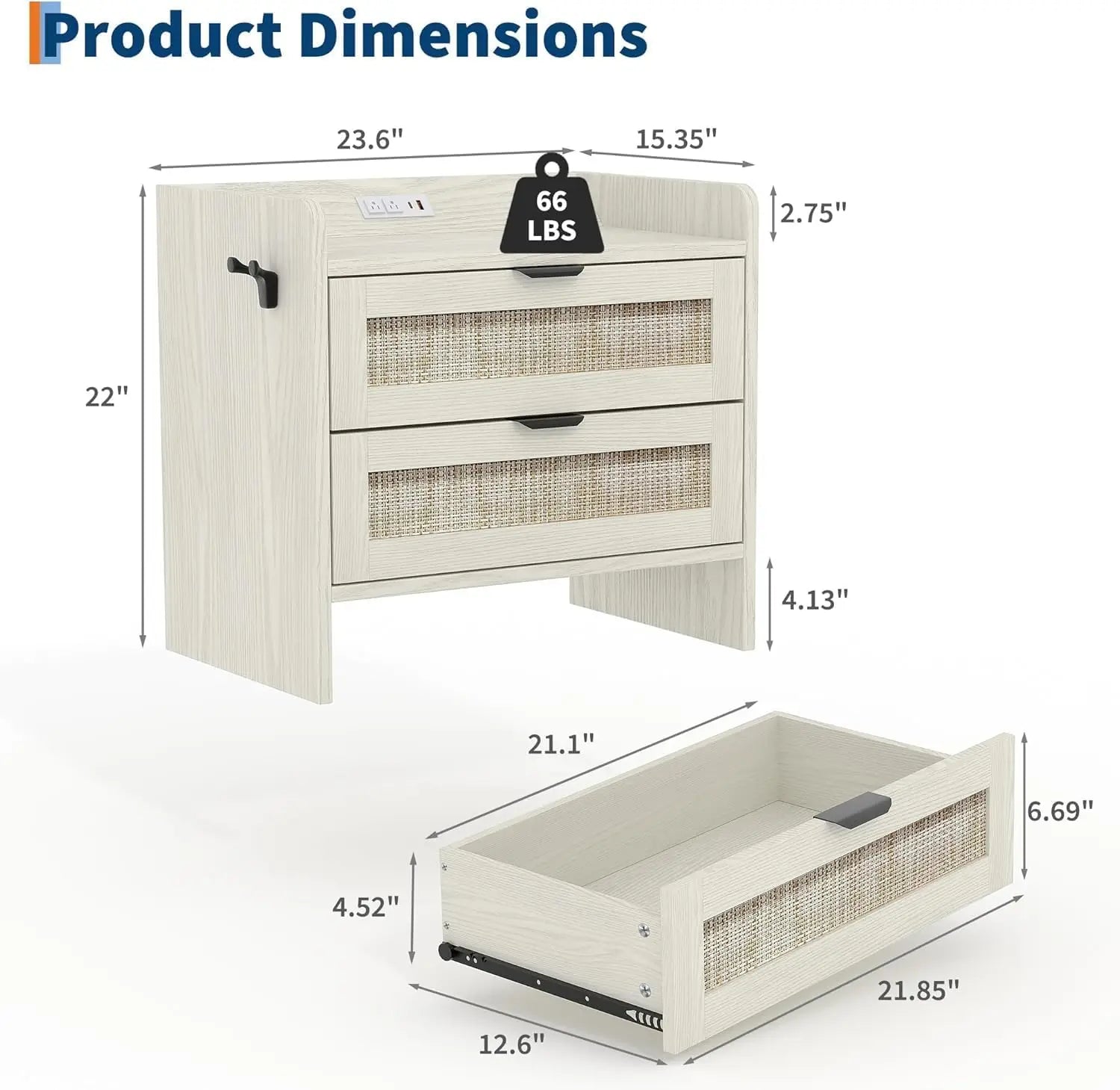 🌿🤍 Boho Rattan Nightstand Set with Charging Station – 2-Drawer Bedside Tables (Set of 2)