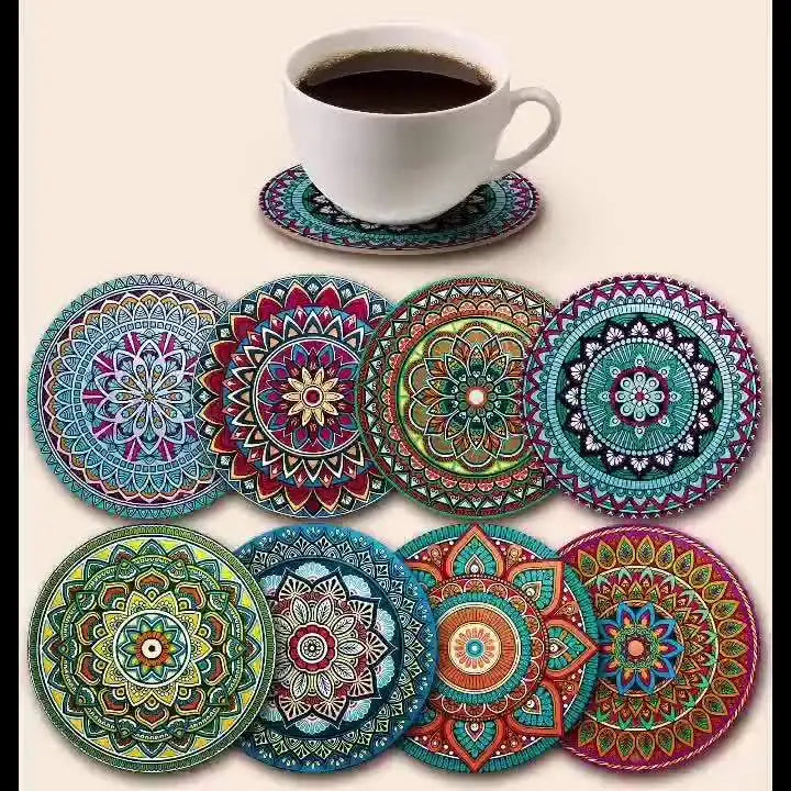 ✨ Wooden Mandala Coaster Set – Boho Drink Coasters for Home & Entertaining (Set of 8)