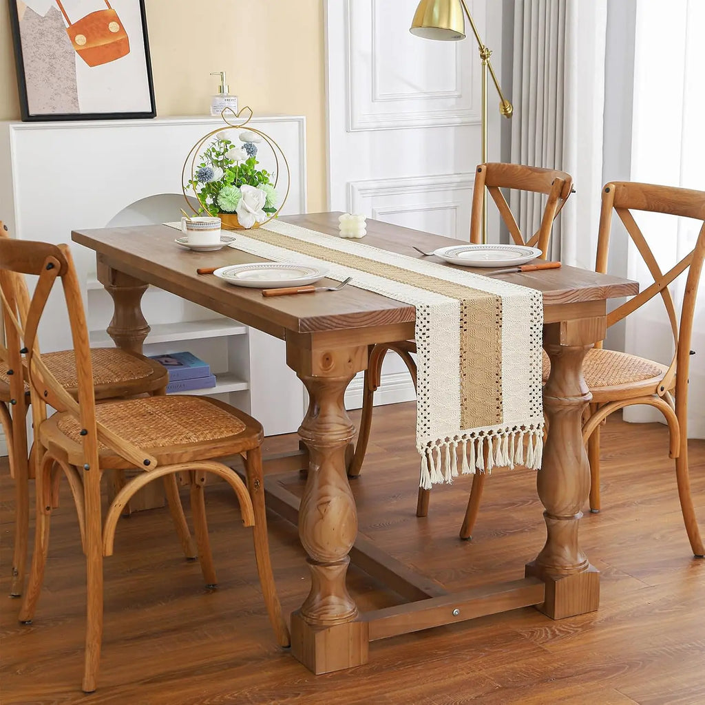 🌿🤍 Boho Linen Table Runner – Rustic Macramé Tassel Dining Table Linen