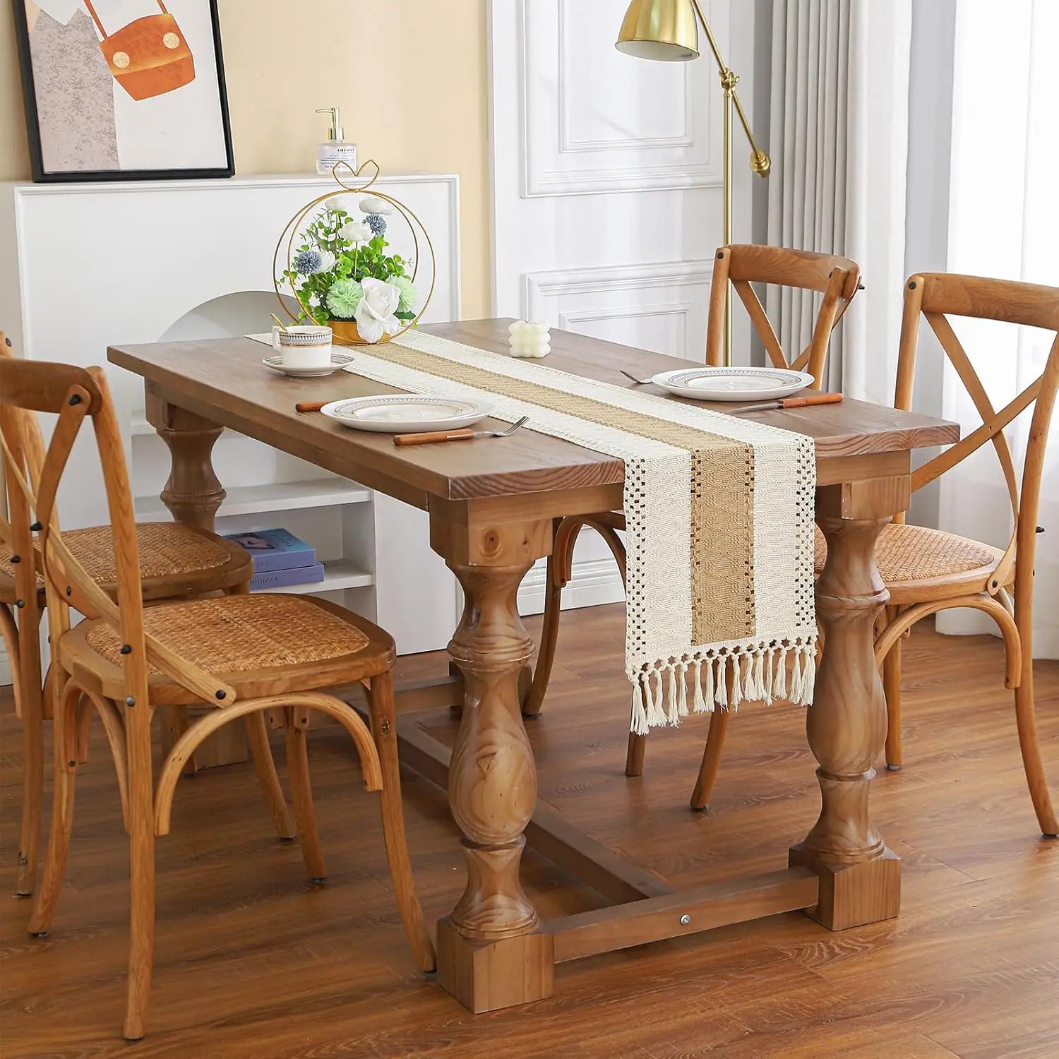 🌿🤍 Boho Linen Table Runner – Rustic Macramé Tassel Dining Table Linen