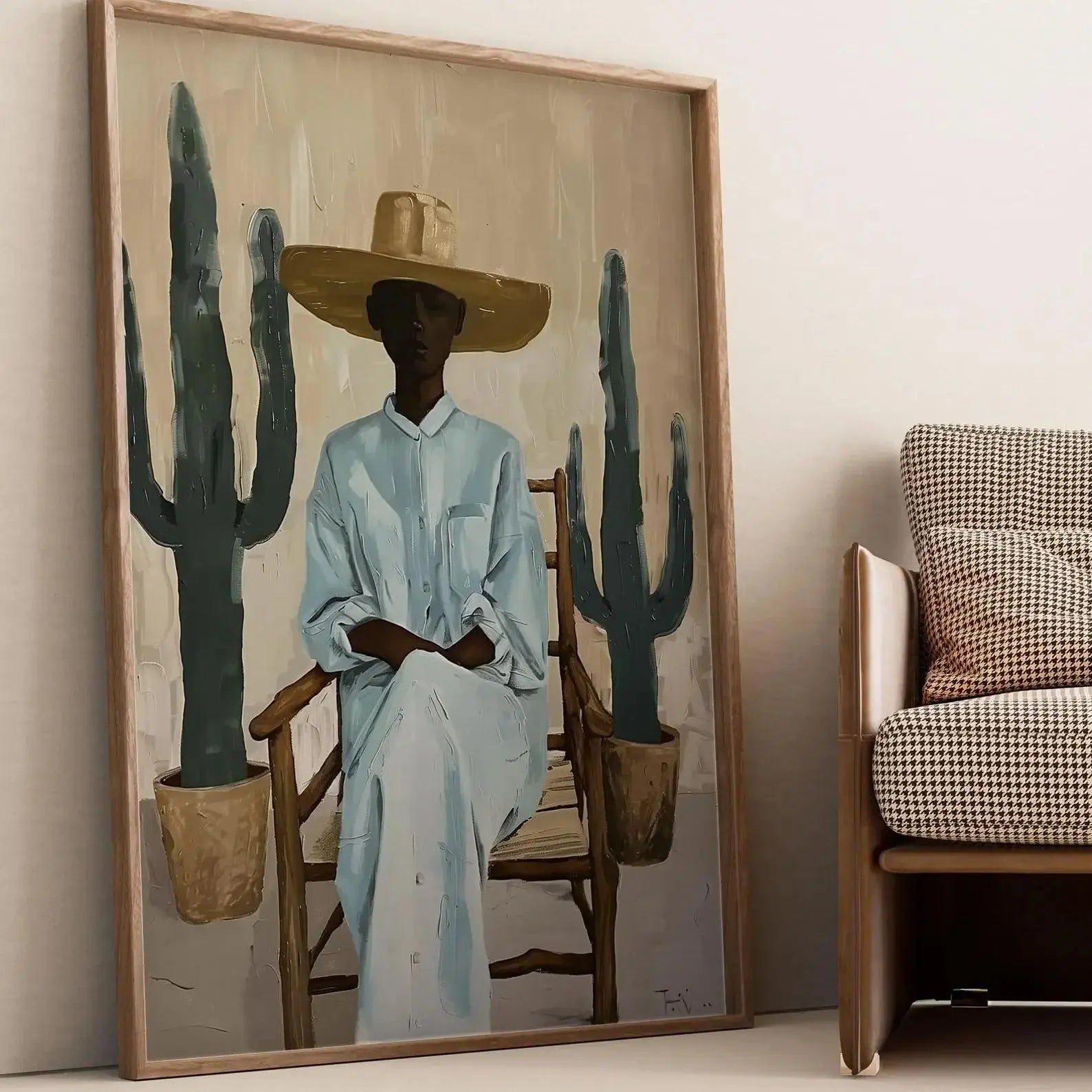 🌵🌞🤍 Boho Desert Woman Canvas Wall Art – Southwestern Cactus Print
