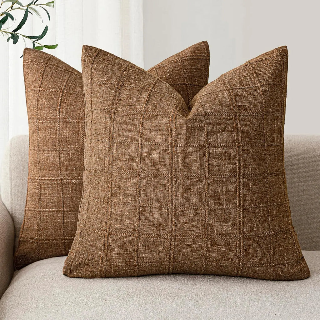 🌿🤍 Natural Linen Check Pillow Cover – Boho Farmhouse Decorative Cushion