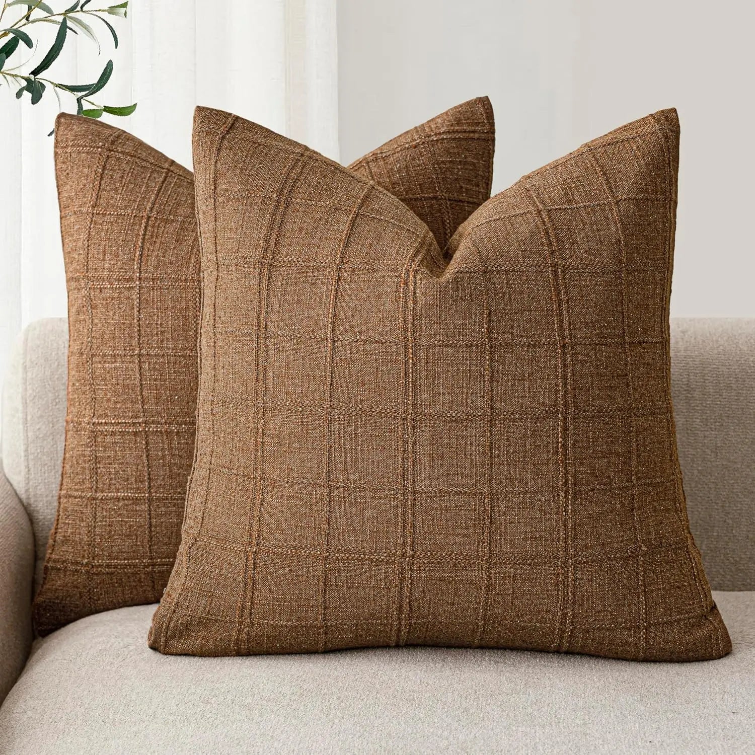🌿🤍 Natural Linen Check Pillow Cover – Boho Farmhouse Decorative Cushion
