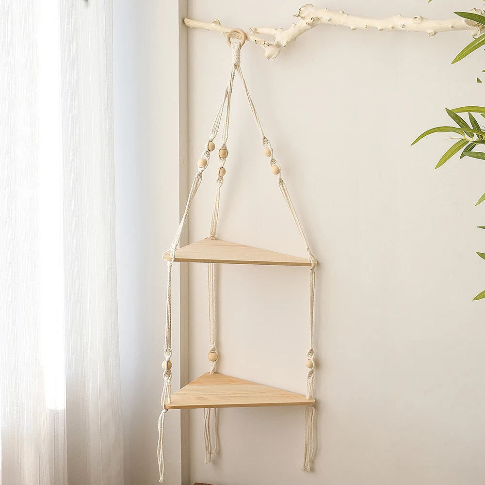 🌿🧺 Boho Macramé Floating Wall Shelf – Handwoven Wooden Hanging Display Shelf