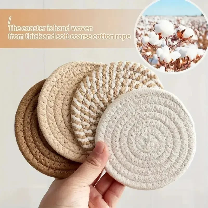 ☕🌿🤍 Boho Woven Cotton Coasters – Absorbent Drink Coasters (Set of 8)