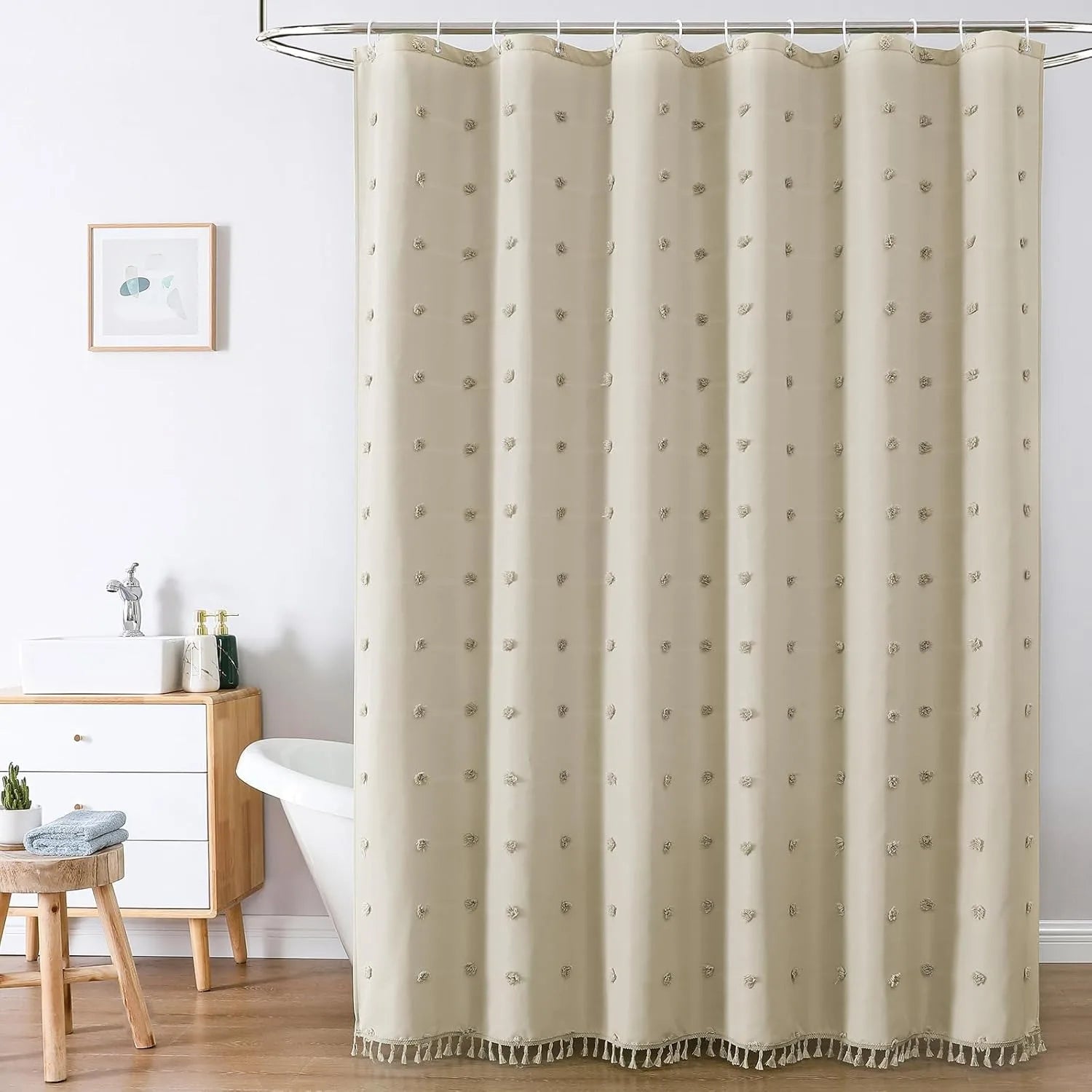 🚿🤍 Boho Polka Dot Shower Curtain – Modern Farmhouse Bathroom Décor Set