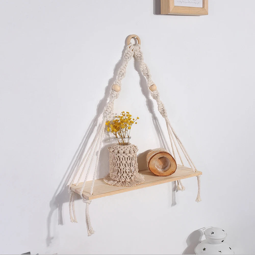 🌿🧺 Boho Macramé Floating Wall Shelf – Handwoven Wooden Hanging Display Shelf