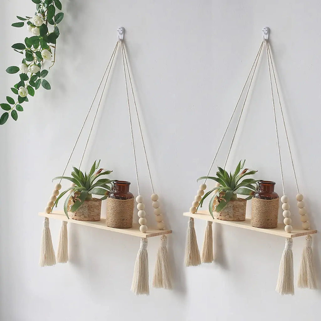 🌿🧺 Boho Macramé Floating Wall Shelf – Handwoven Wooden Hanging Display Shelf