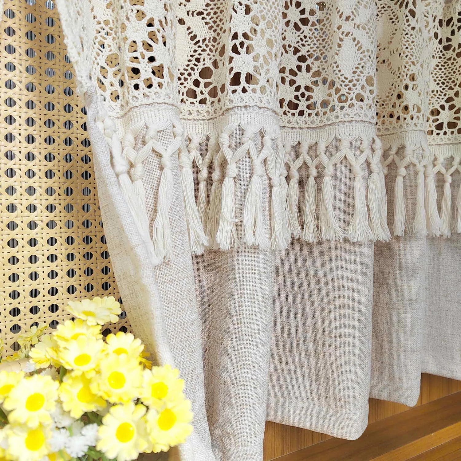 🌿🤍 Boho Tassel Café Curtain – Crochet Geometric Semi-Sheer Window Panel