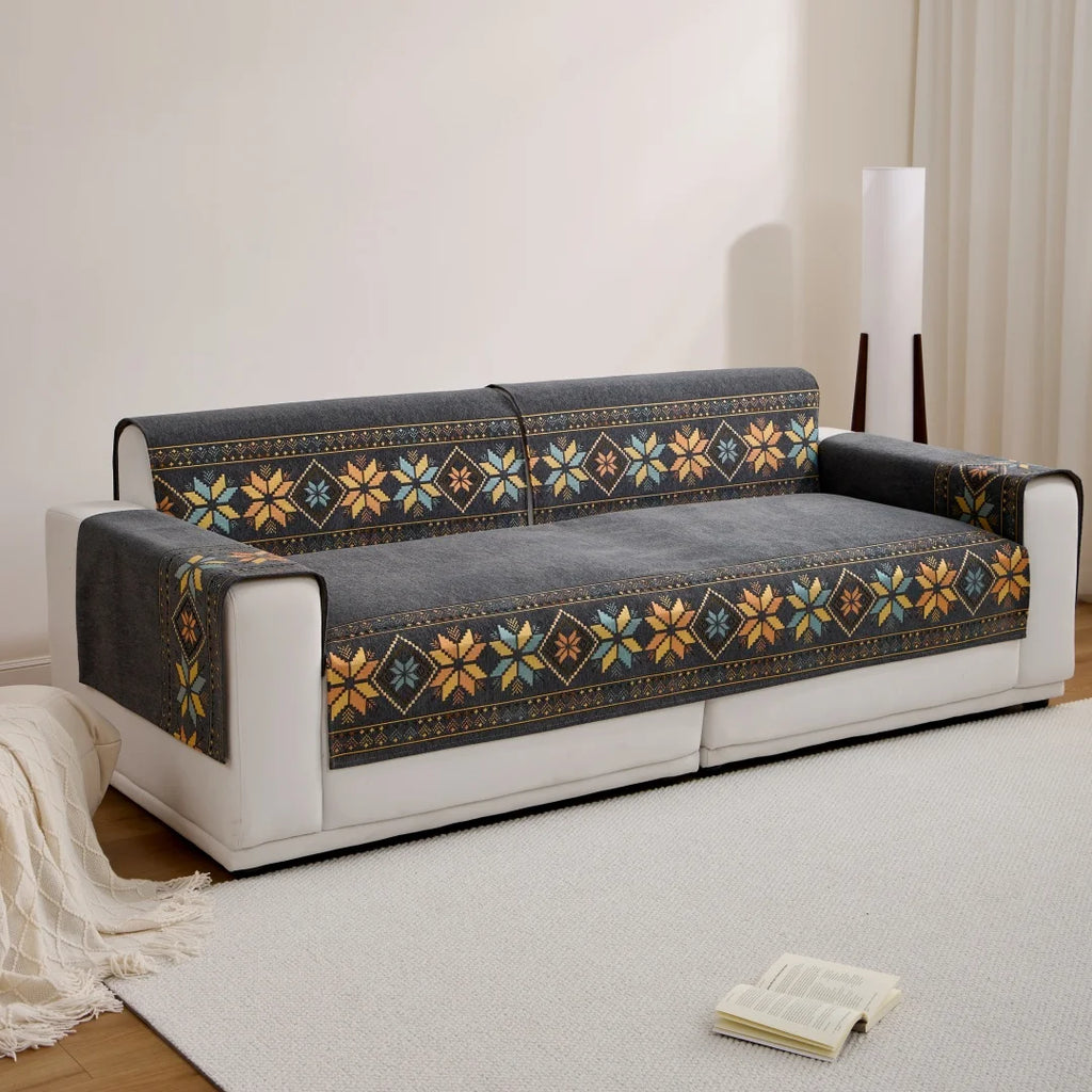 🛋️🌿🤍 Boho Jacquard Chenille Sofa Cover – All-Season Couch Throw & Furniture Protector