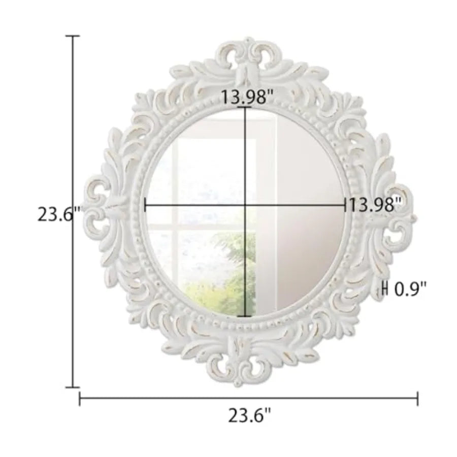 Vintage White Fleur-De-Lis Wall Mirror – Distressed Round Wood Accent Mirror