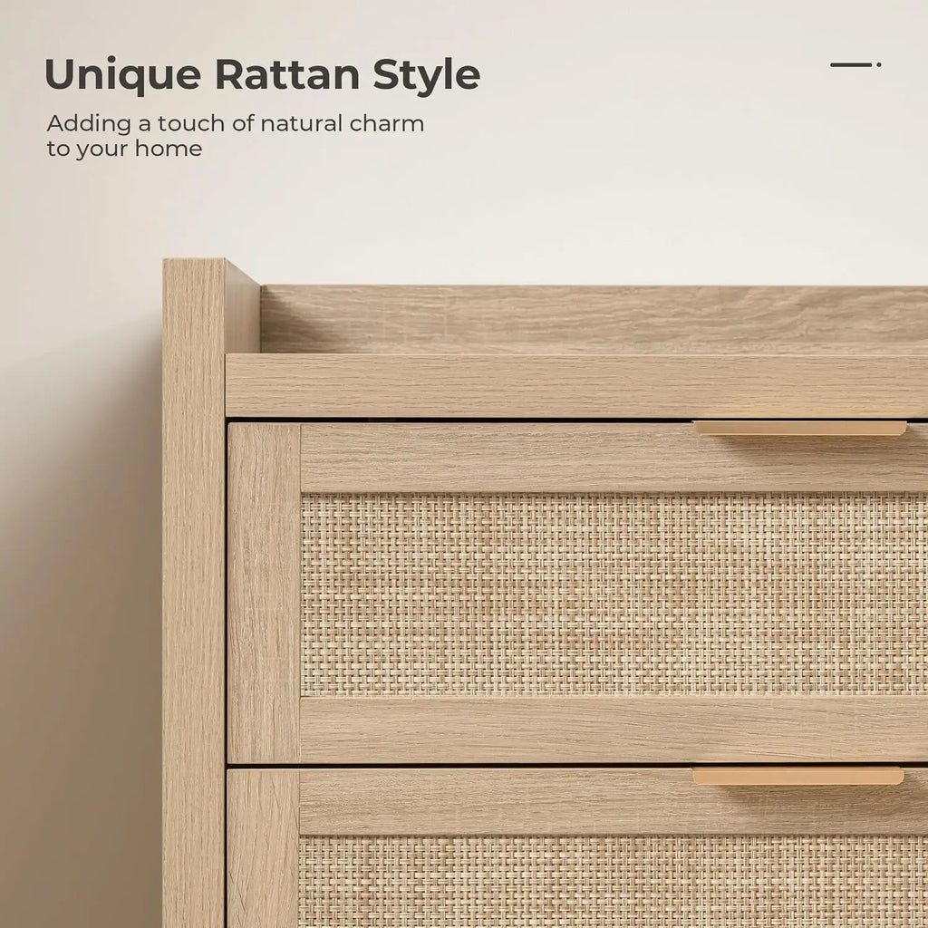 🌿🤍 Boho Rattan 5-Drawer Dresser – Farmhouse Bedroom Storage Chest